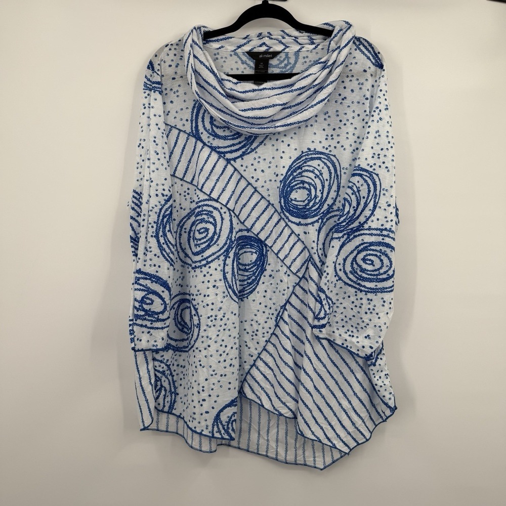 Ali Miles Shirt Top Womens 1X White Blue Asymmetrical Cowl Knit Artsy